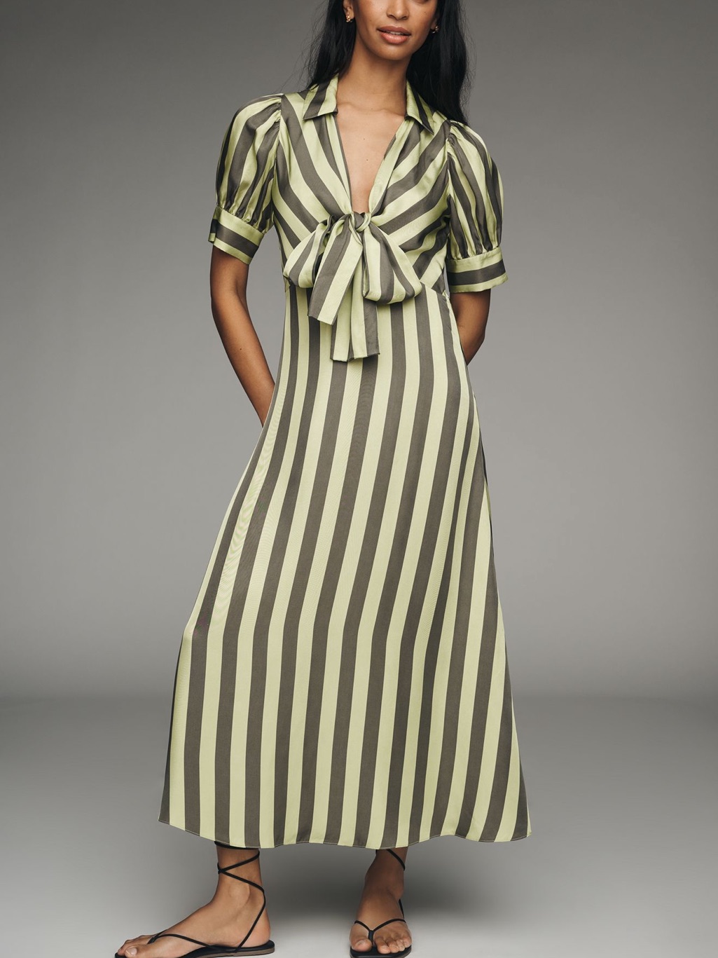 Hunter Bell Olive And Black Vertical-Stripe Tie-Front Midi Dress